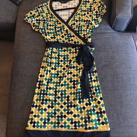 BCBGMaxAzria Dresses & Skirts - BCBG Illusion Dot faux wrap dress mustard navy grn